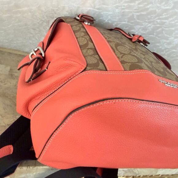 Coach Hudson Logo Print Backpack Brown Coral Buckle Drawstring Adjustable Straps main image 6